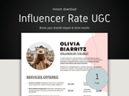 Promotional graphic for 'Influencer Rate UGC' with a profile of Olivia Biarritz on a black and white background.