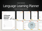 Language Learning Planner with cover and sample pages on a black background