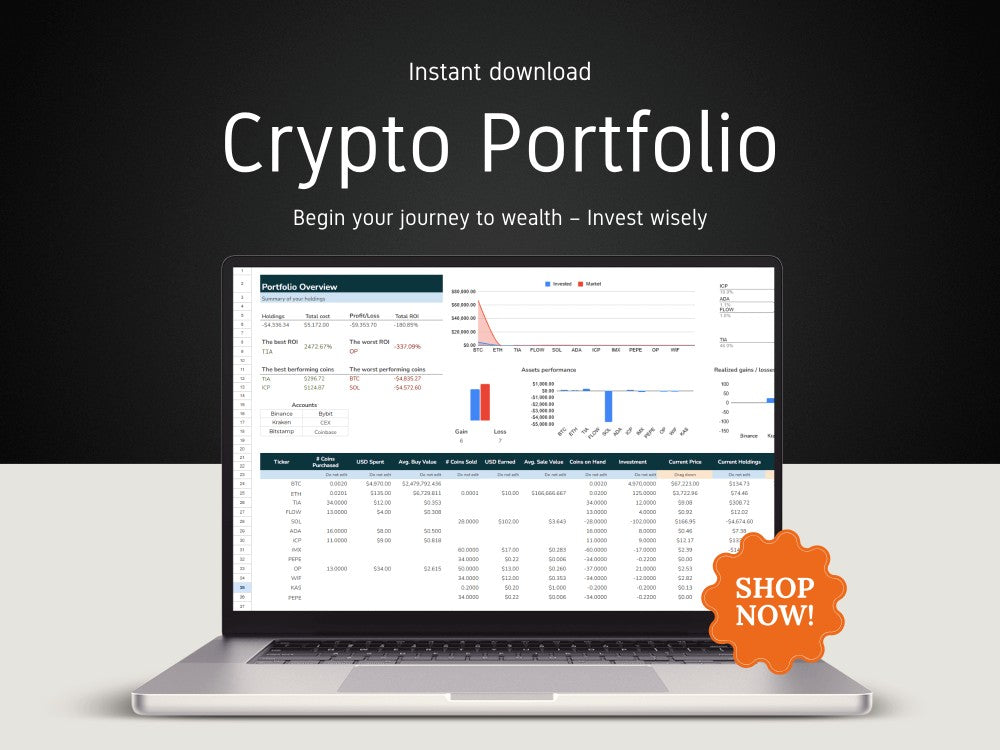 Laptop displaying a crypto portfolio on a dark background with 'Shop Now!' button.