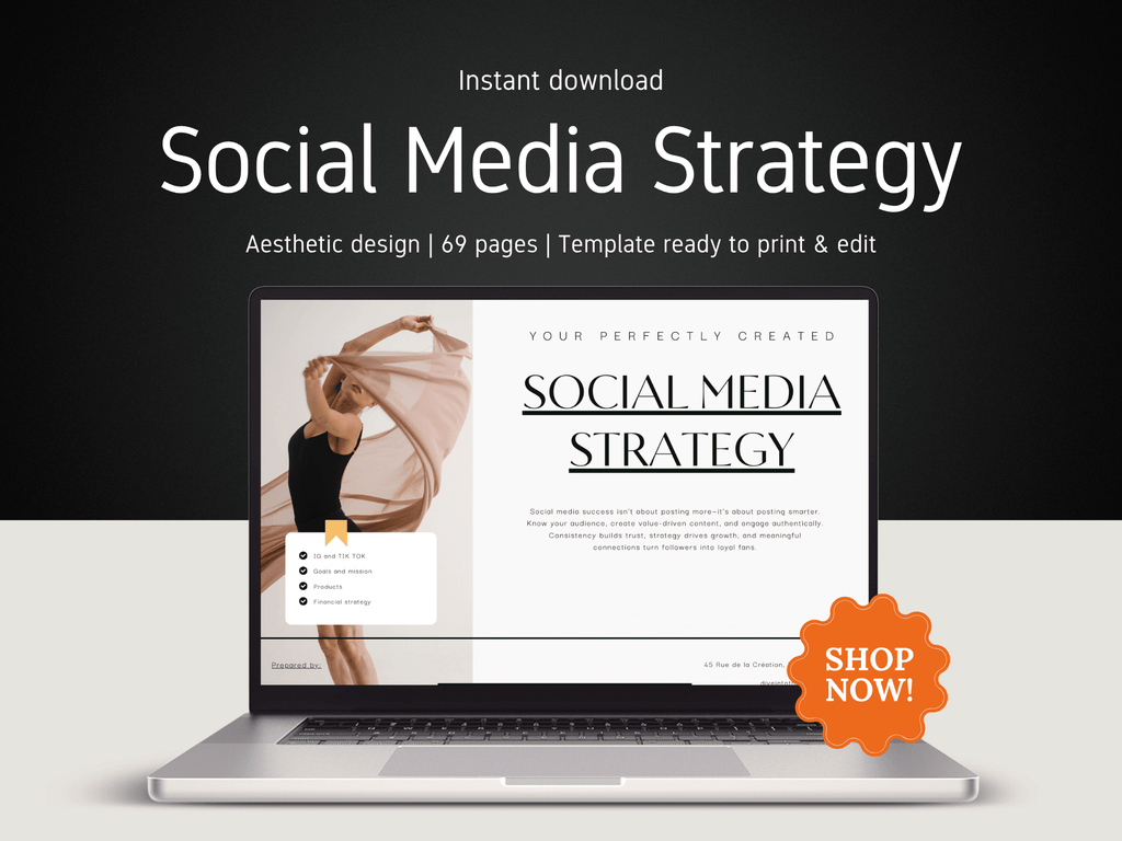 Laptop displaying a social media strategy template with 'Shop Now!' button on a dark background