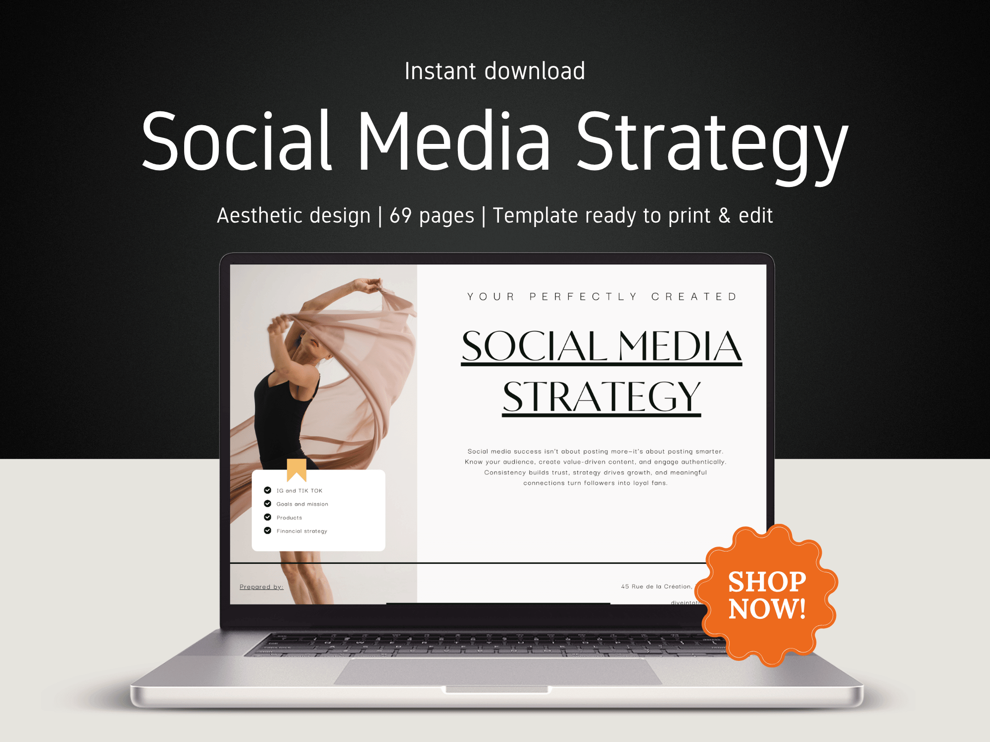 Laptop displaying a social media strategy template with 'Shop Now!' button on a dark background