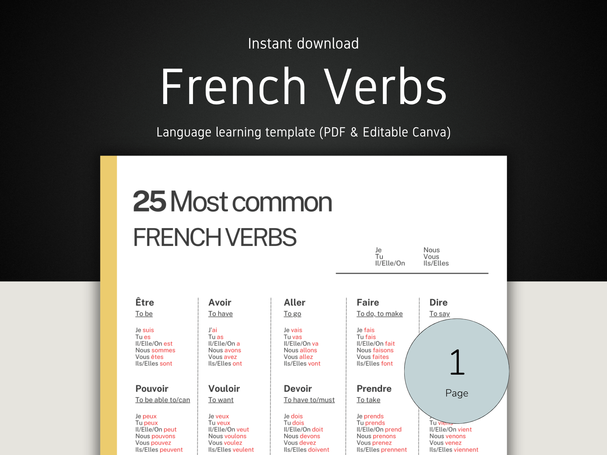 French verbs learning template with a black and white background