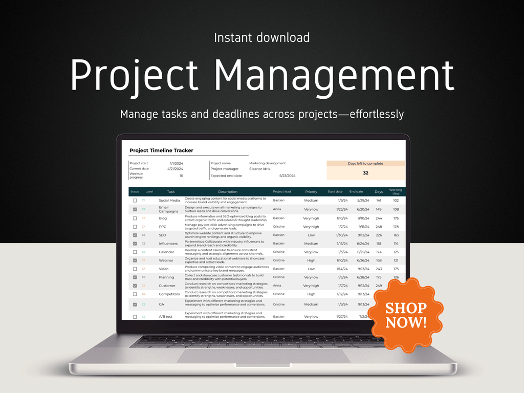 Laptop displaying a project management software with a 'Shop Now!' button on a dark background