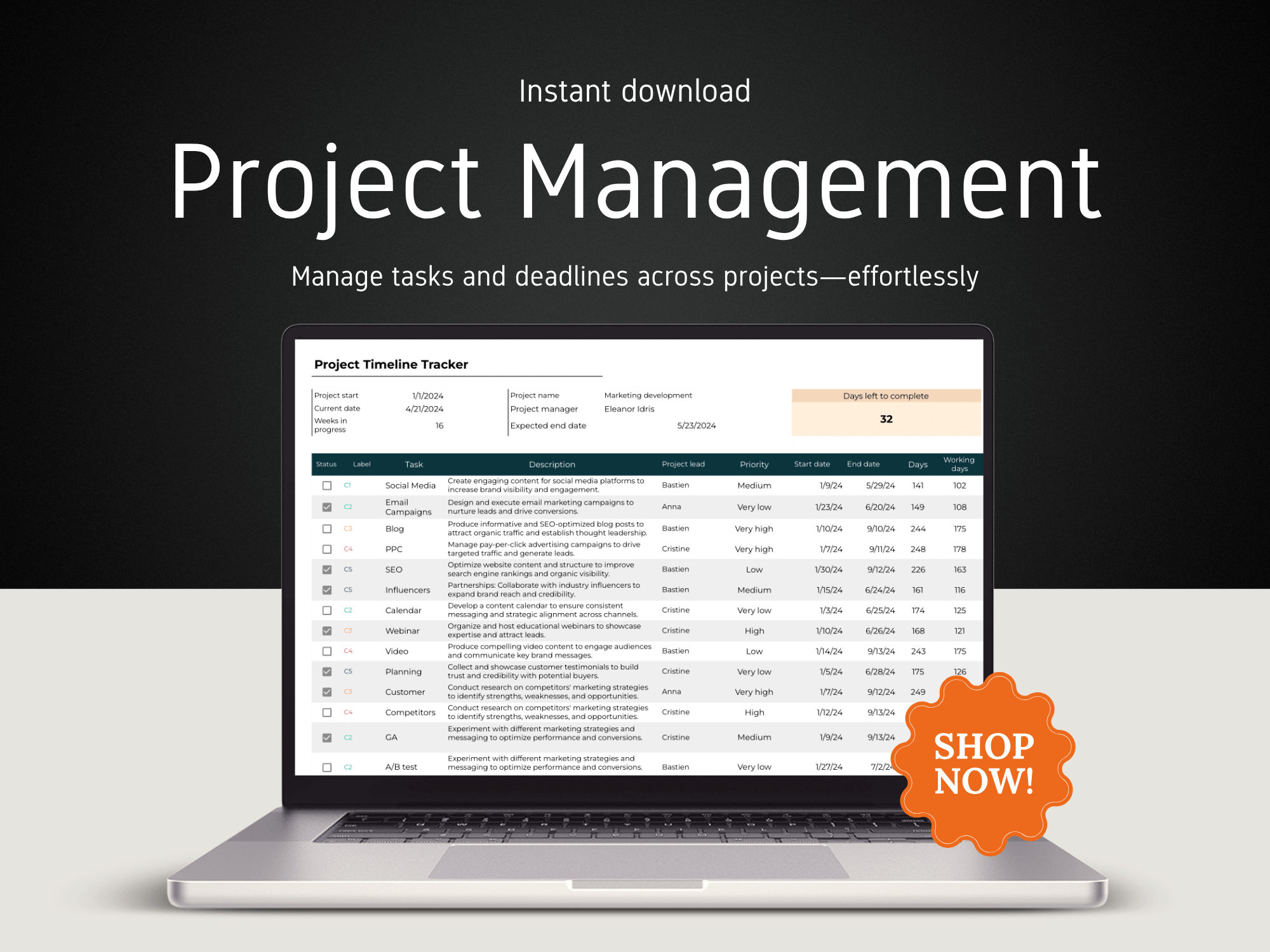 Laptop displaying a project management software with a 'Shop Now!' button on a dark background