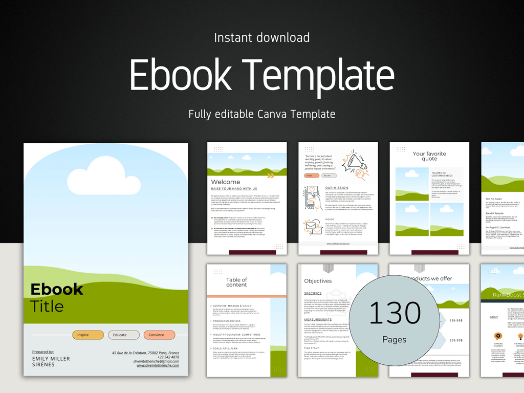 Ebook template with multiple pages displayed on a dark background