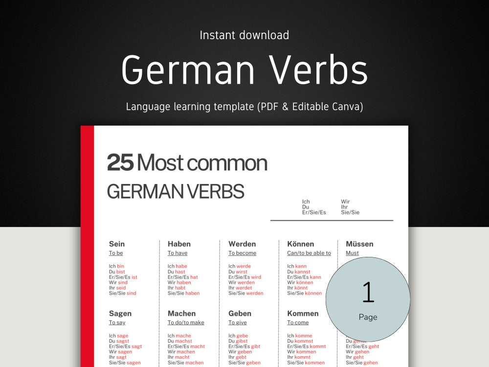 German verbs learning template with text and numbers on a dark background
