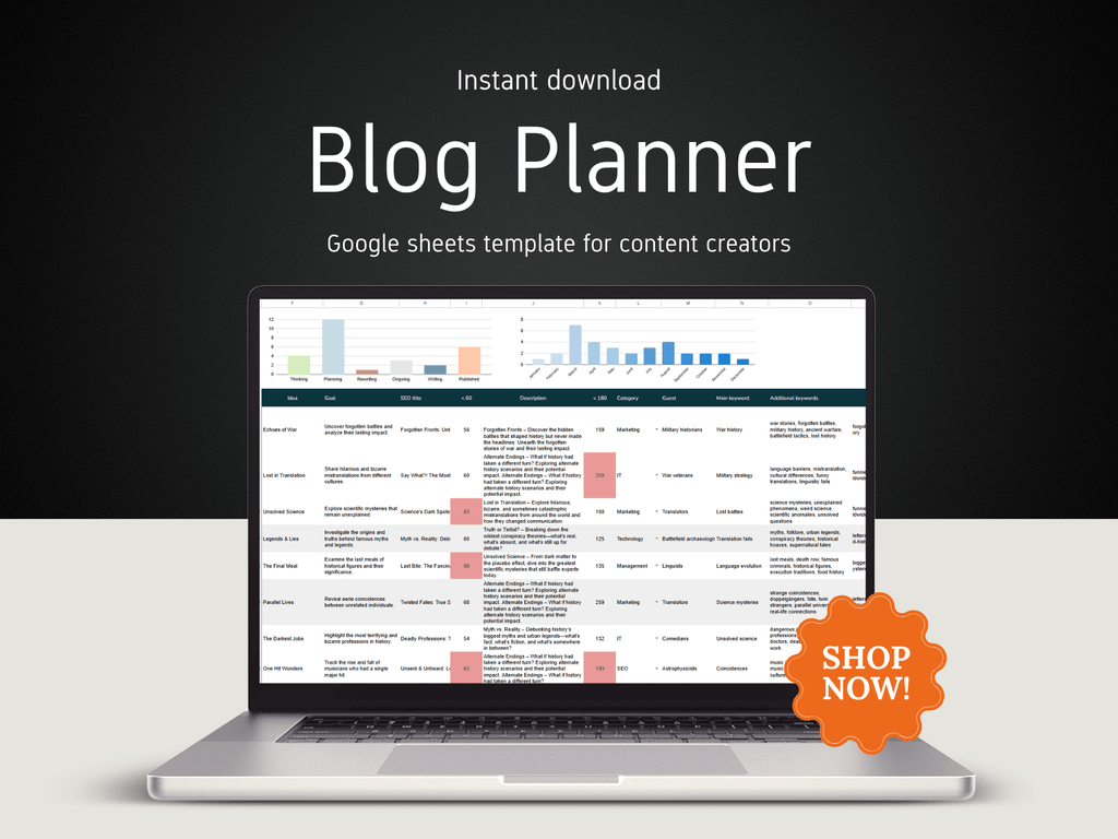 Laptop displaying a blog planner Google Sheets template with 'Shop Now!' button on a dark background