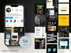Collection of fitness-themed social media posts and a smartphone displaying a profile with 54 posts.
