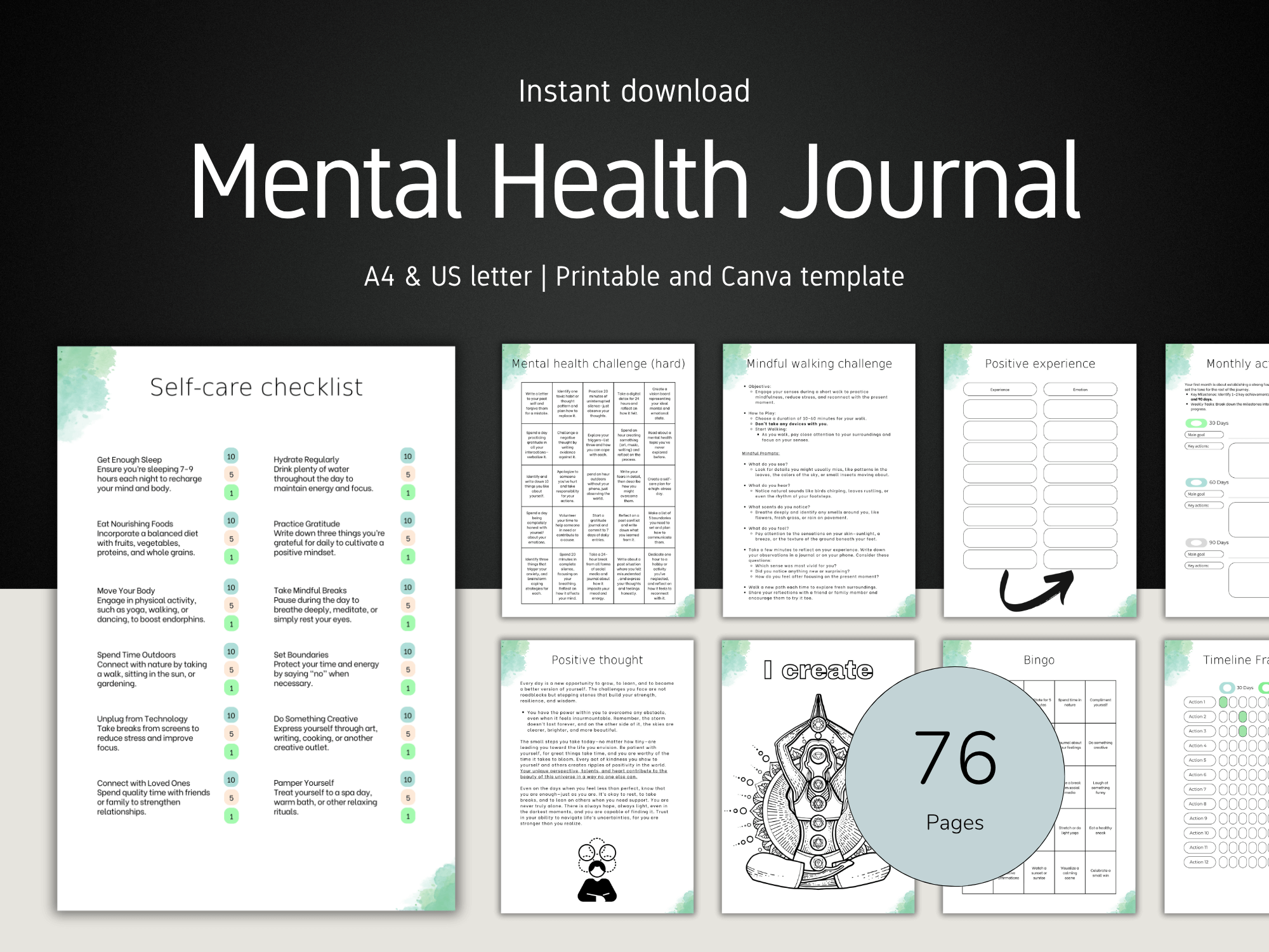 Mental Health Journal with various pages displayed on a dark background