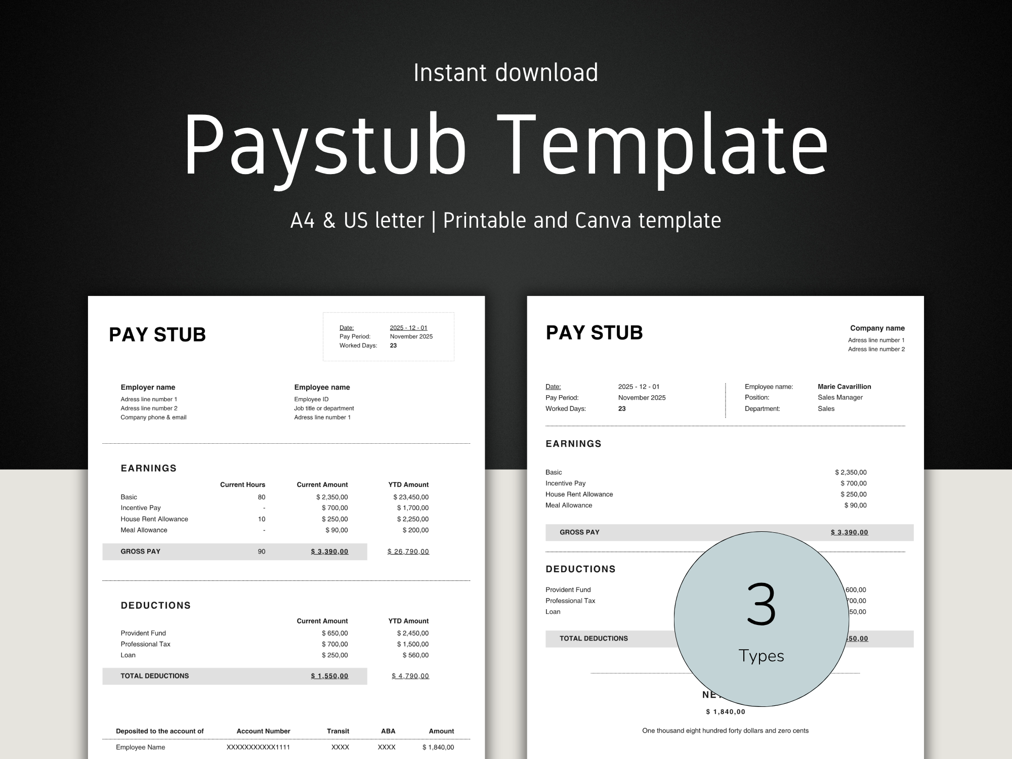 Editable Pay Stub Template: Professional Payroll Form, Canva Template