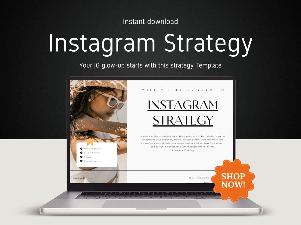 Laptop displaying an Instagram strategy template with a 'Shop Now!' button on a dark background