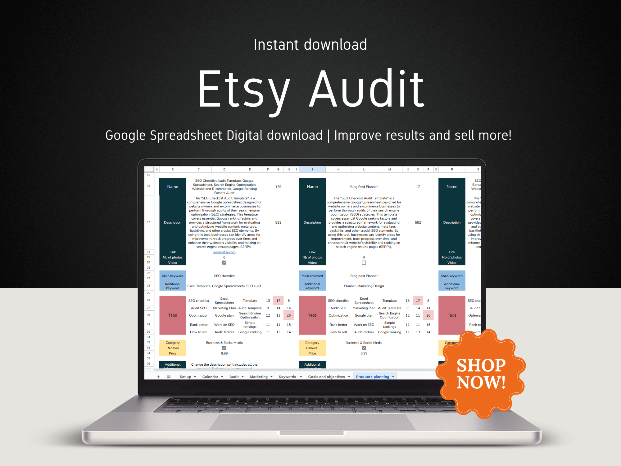 Laptop displaying Etsy Audit Google Spreadsheet with 'Shop Now!' button on a dark background