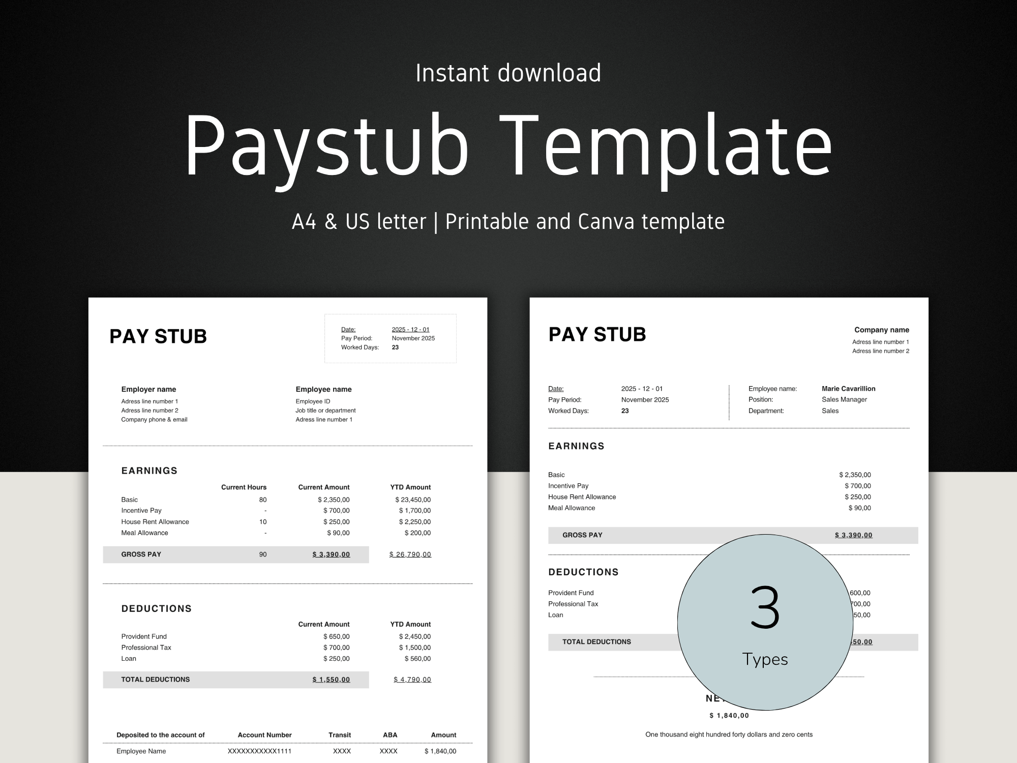 Paystub template with '3 Types' label on a dark background