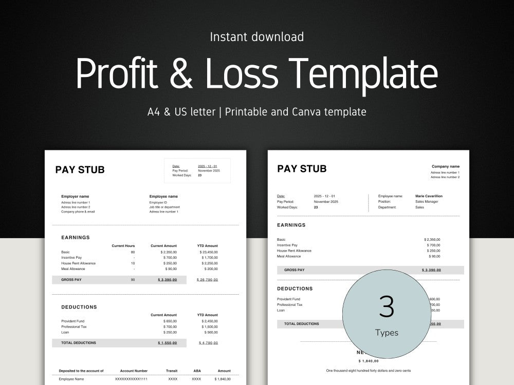 Profit and loss template with pay stub design on a black background