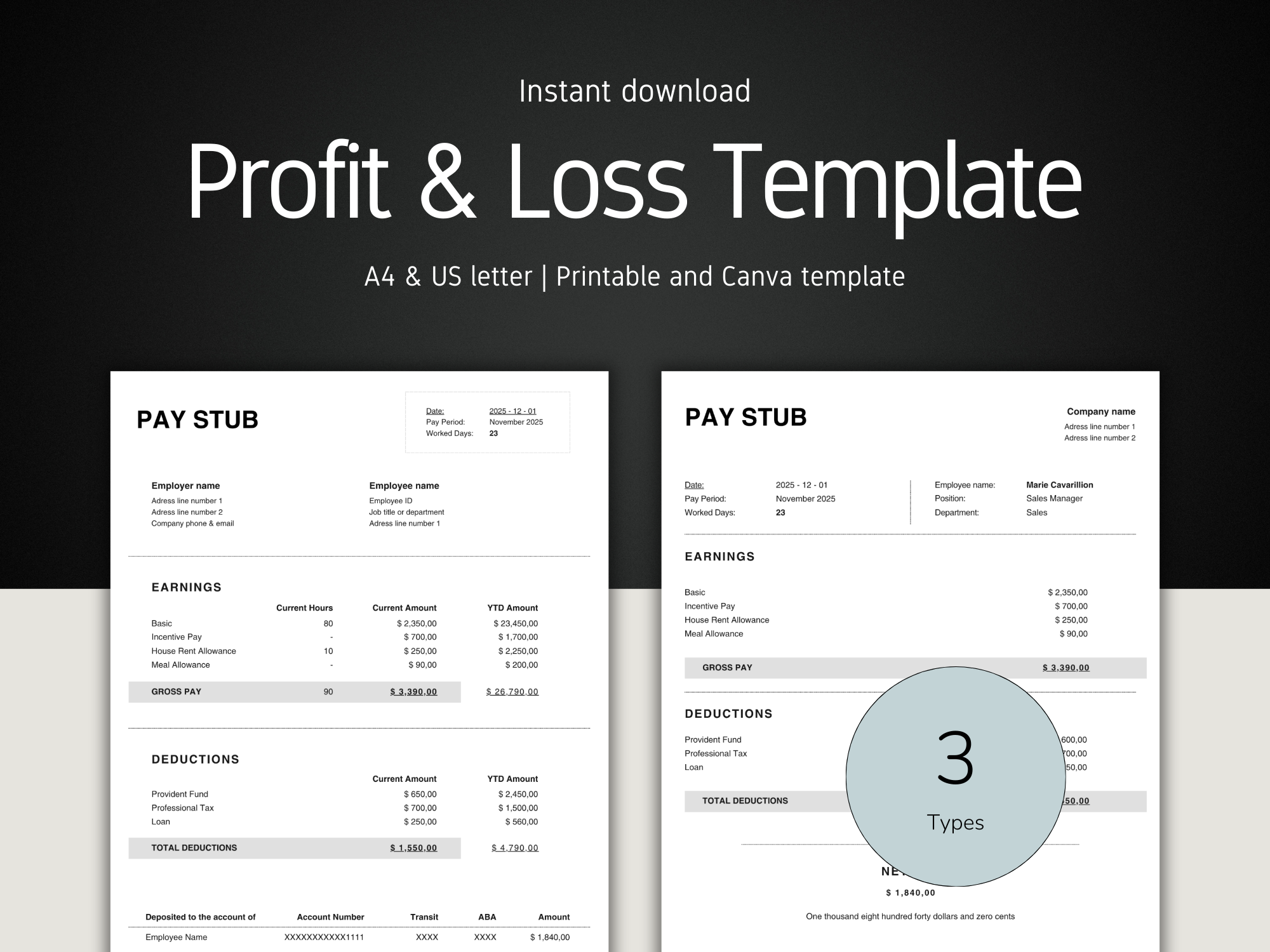 Profit and Loss Statement Template, Small Business P&L Statement