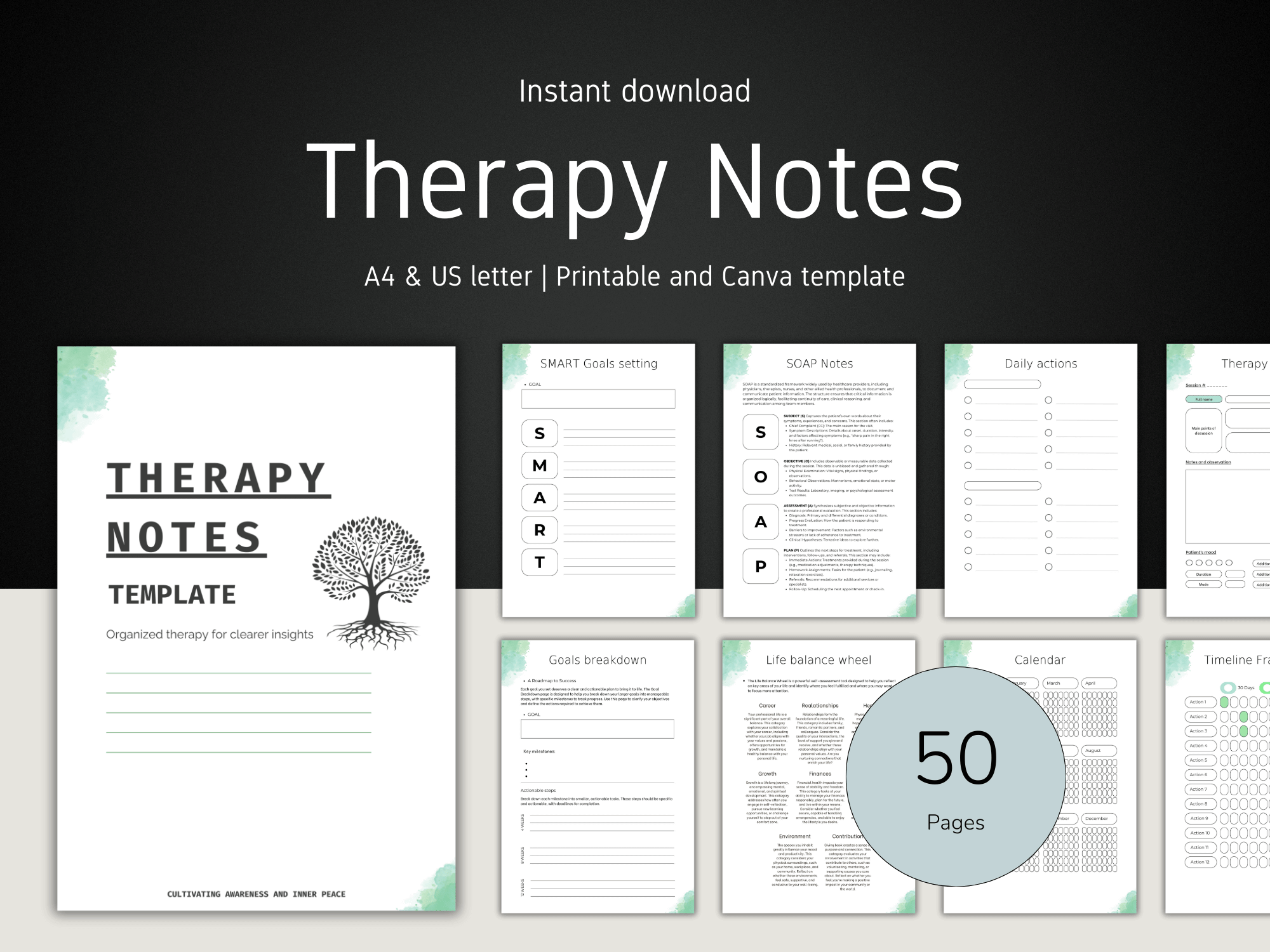 Therapy Notes Template with various pages displayed on a dark background