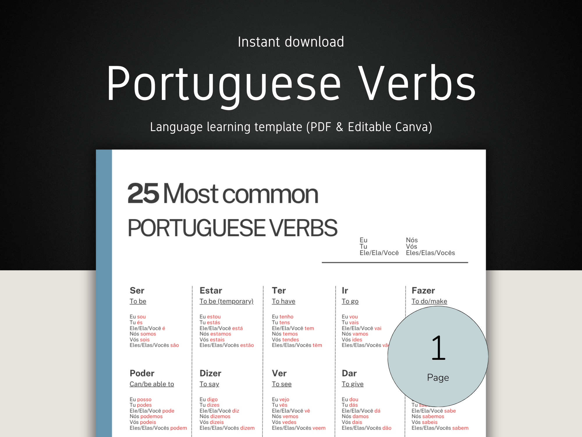Portuguese verbs learning template with a black and white background