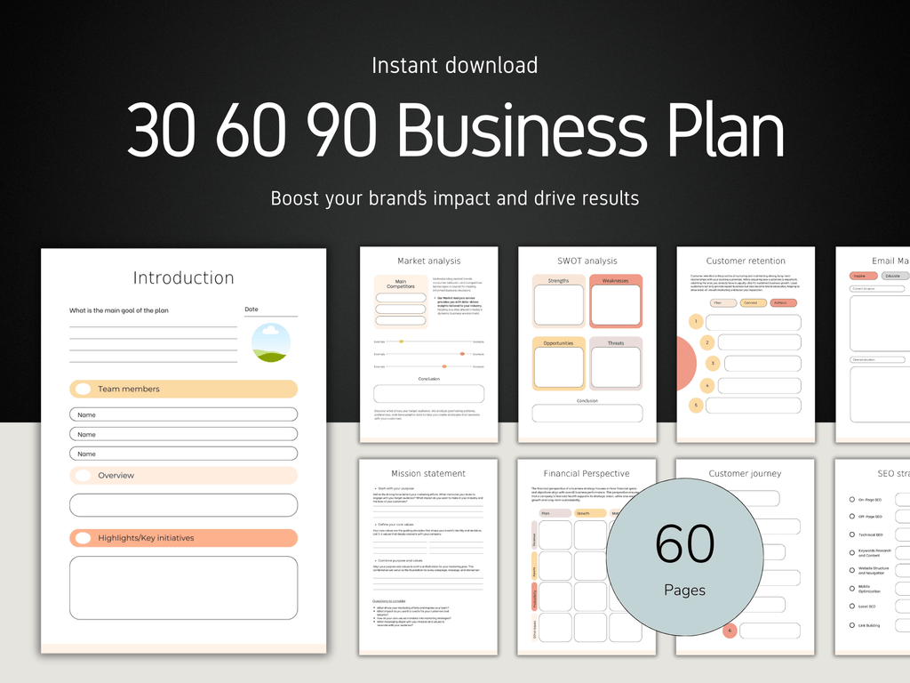 60-page business plan template with sections on a white background