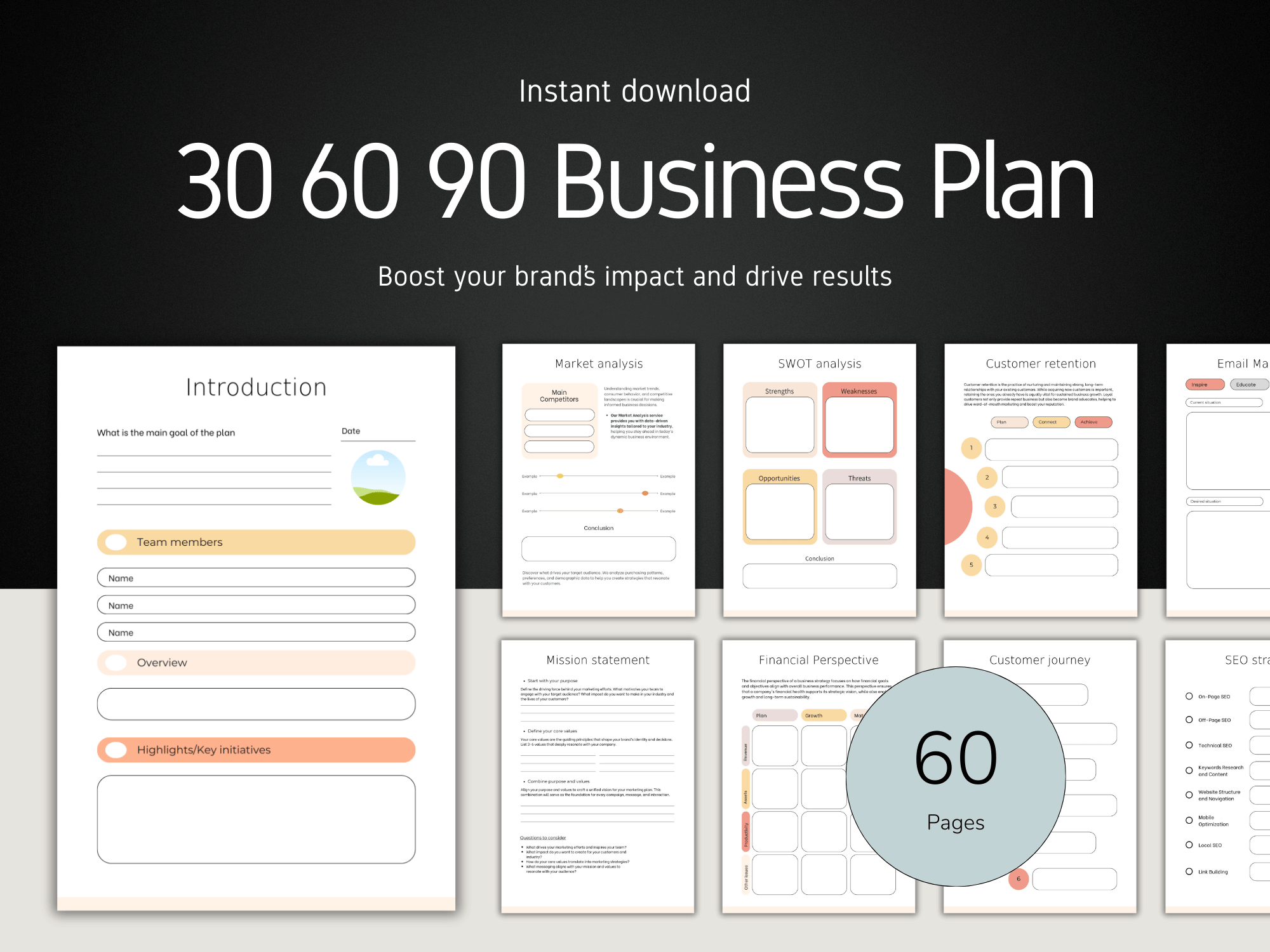 60-page business plan template with sections on a white background