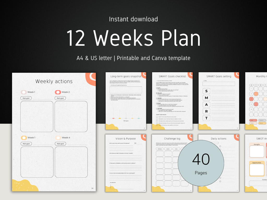 12 Weeks Plan template with various pages displayed on a dark background