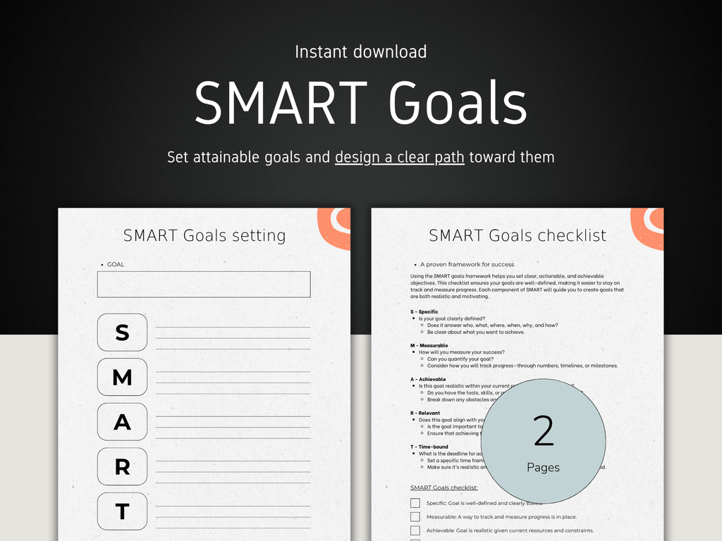 SMART Goals setting and checklist document with a black background