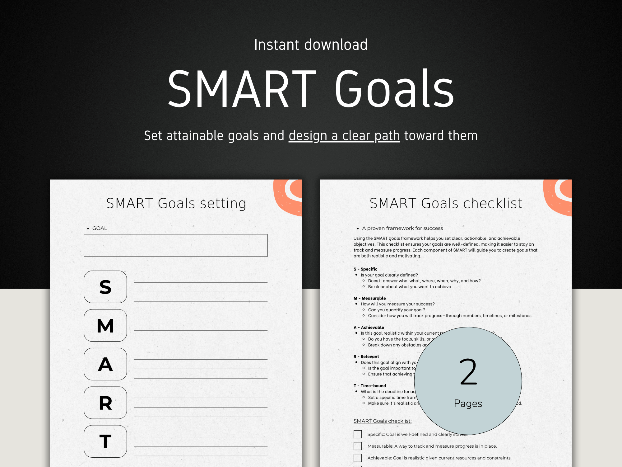 SMART Goals setting and checklist document with a black background