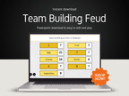 Laptop displaying a 'Team Building Feud' game with text and a 'Shop Now!' button.