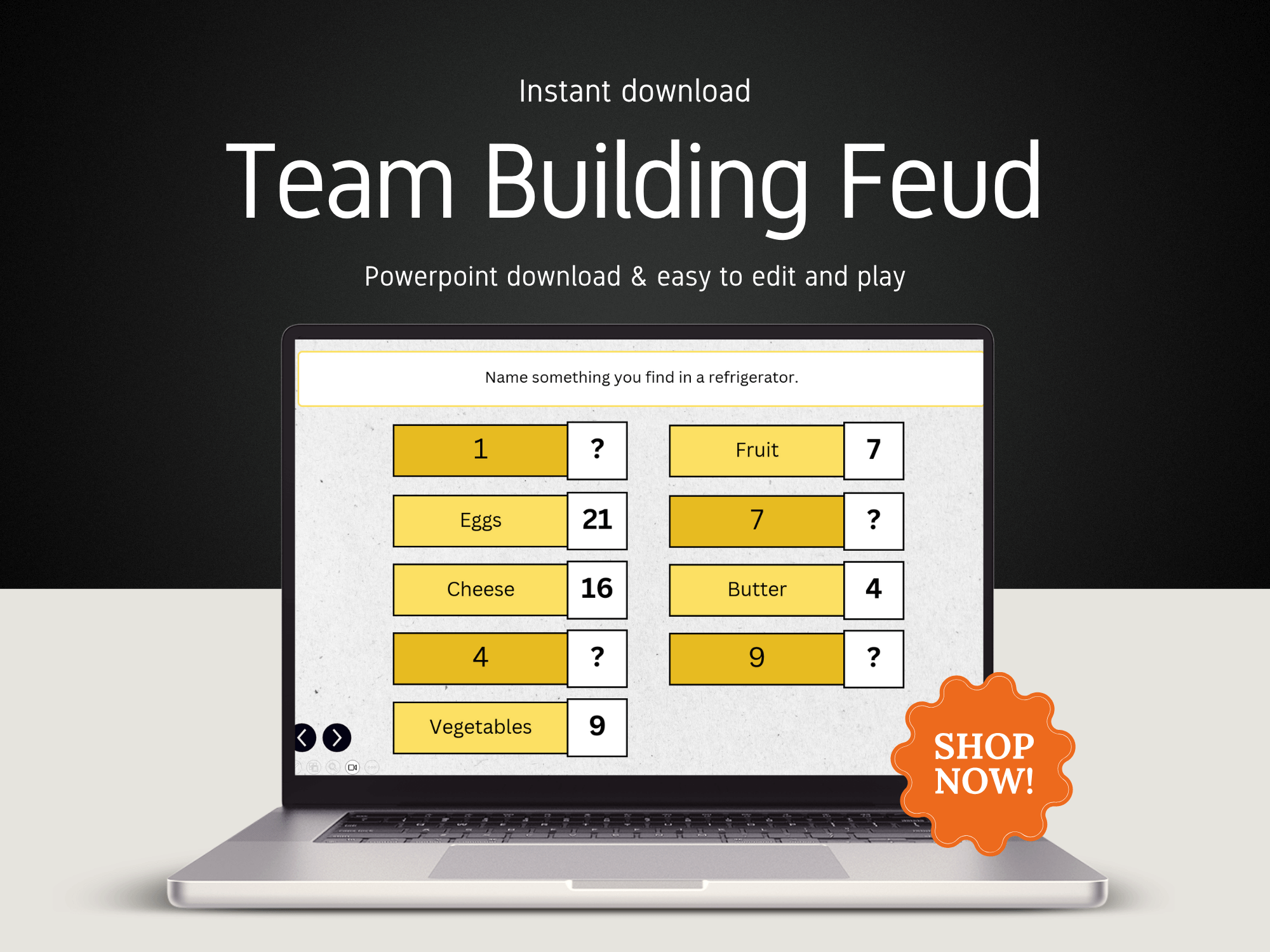 Laptop displaying a 'Team Building Feud' game with text and a 'Shop Now!' button.