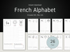 French Alphabet learning materials with letters and illustrations on a dark background