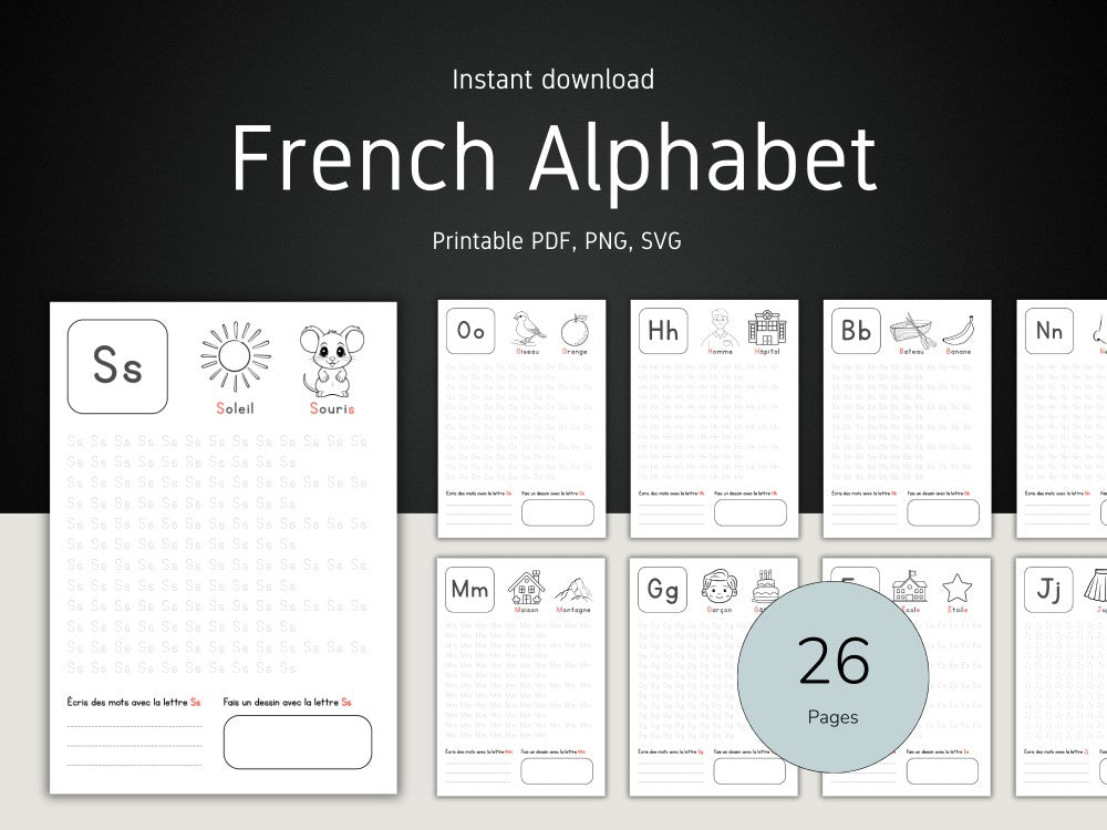 French Alphabet learning materials with letters and illustrations on a dark background