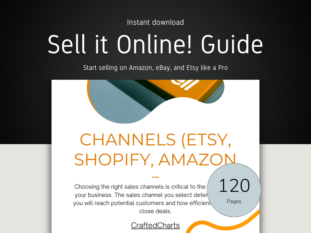 Book cover of 'Sell it Online! Guide' by CraftedCharts with text about selling on Amazon, eBay, and Etsy.