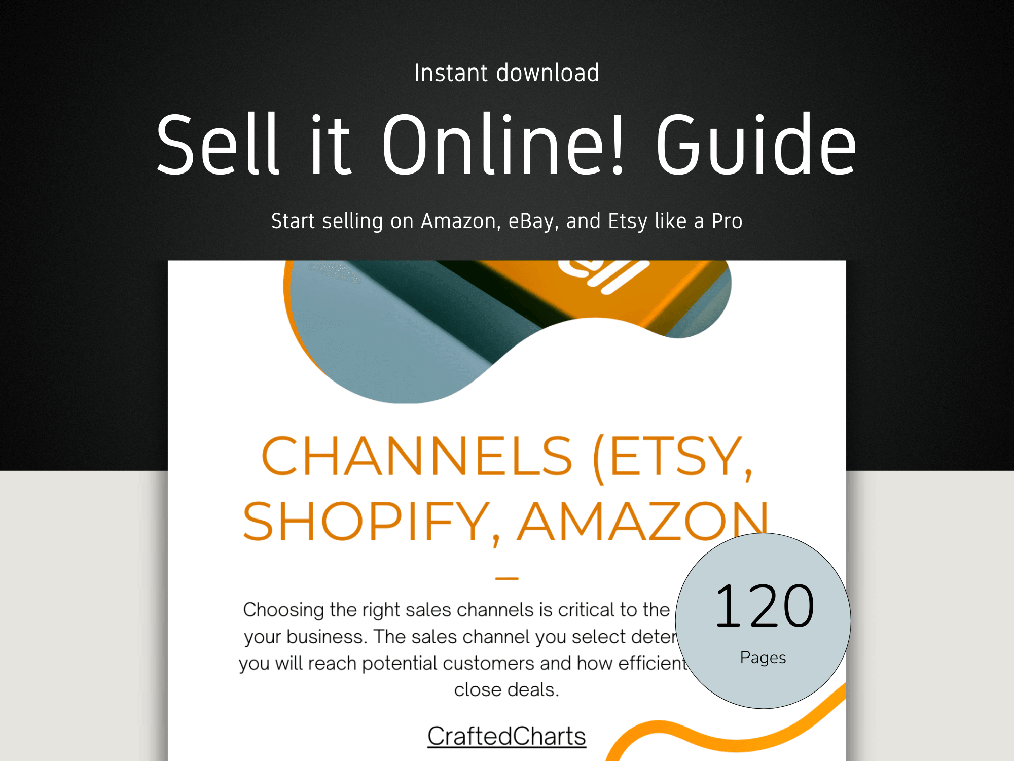 Book cover of 'Sell it Online! Guide' by CraftedCharts with text about selling on Amazon, eBay, and Etsy.