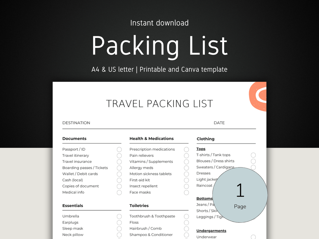 Travel packing list template with checkboxes on a white background