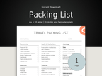 Travel packing list template with checkboxes on a white background