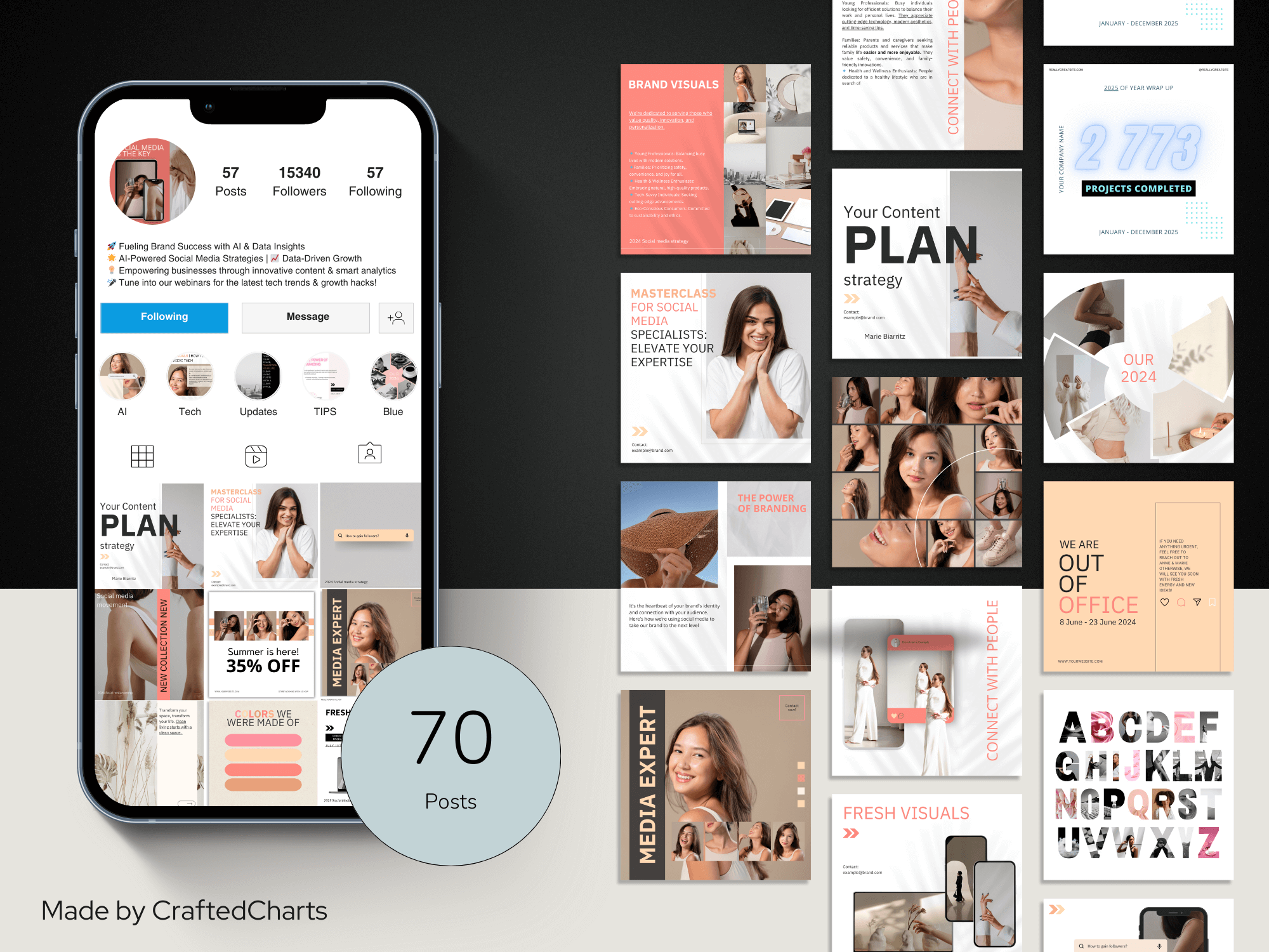 Collection of social media posts and a smartphone displaying a social media interface with '70 Posts' on a dark background.