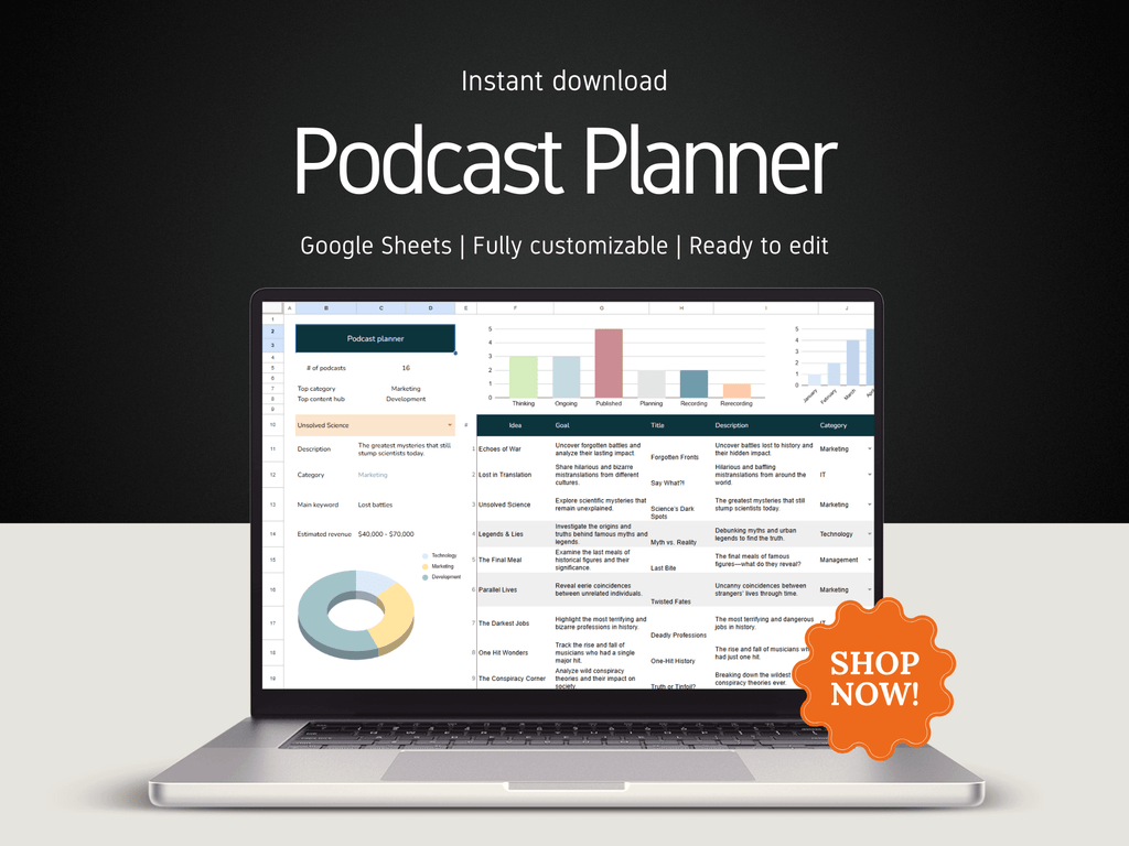 Laptop displaying a podcast planner on a dark background with 'Shop Now!' button.