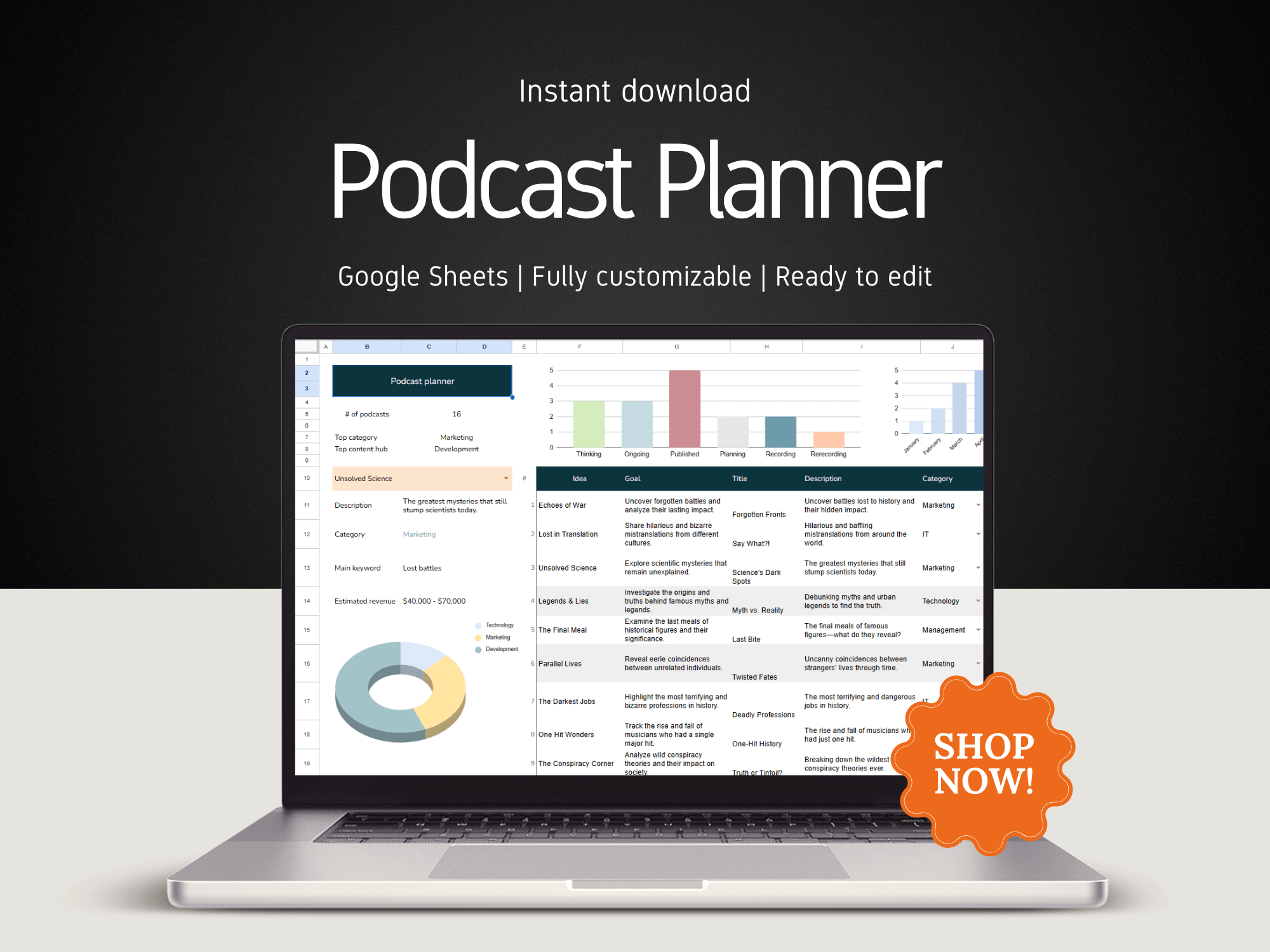 Laptop displaying a podcast planner on a dark background with 'Shop Now!' button.