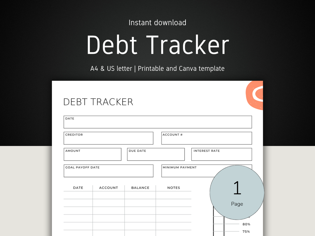 Debt tracker template with form fields on a black and white background
