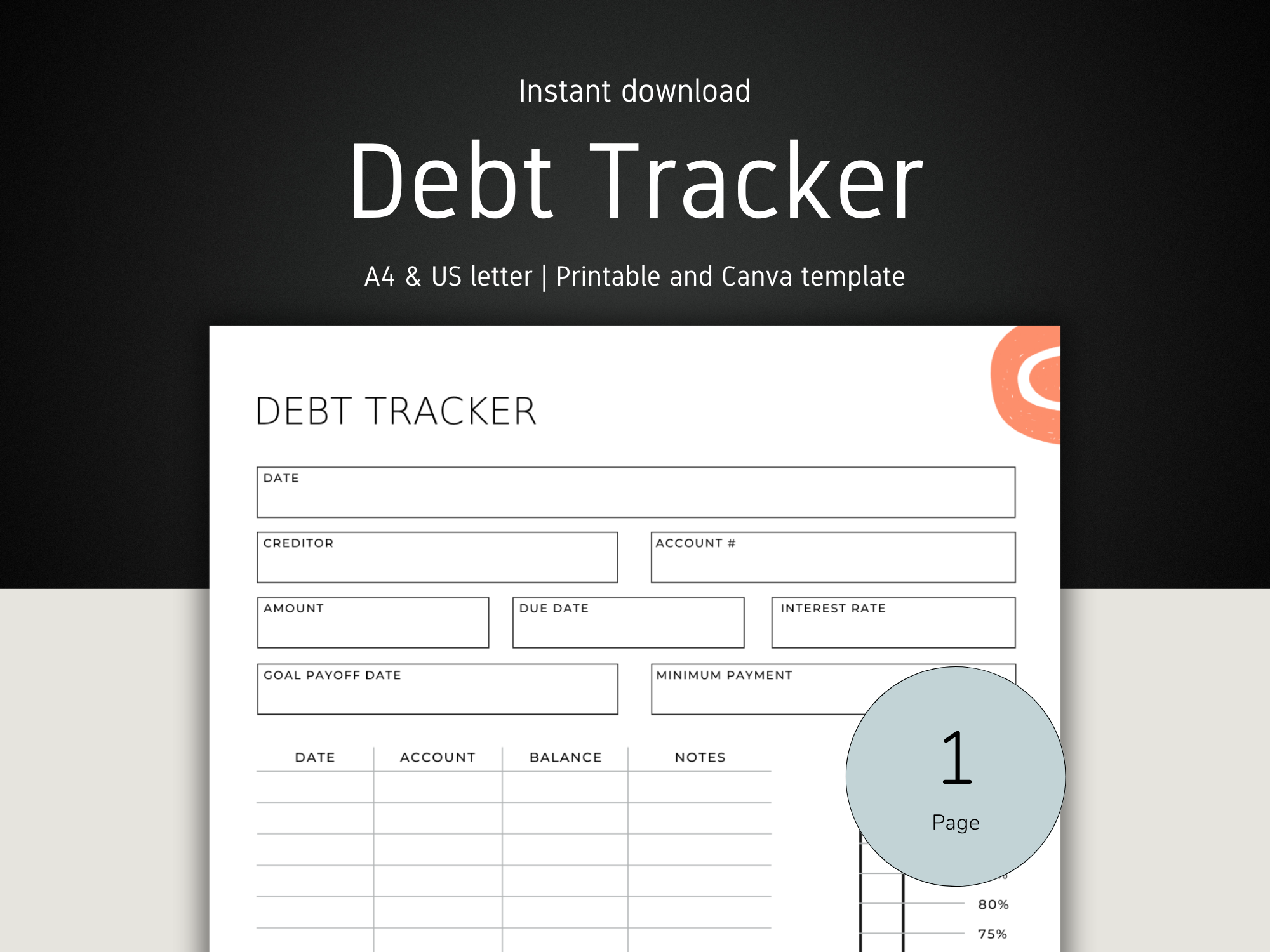 Debt tracker template with form fields on a black and white background