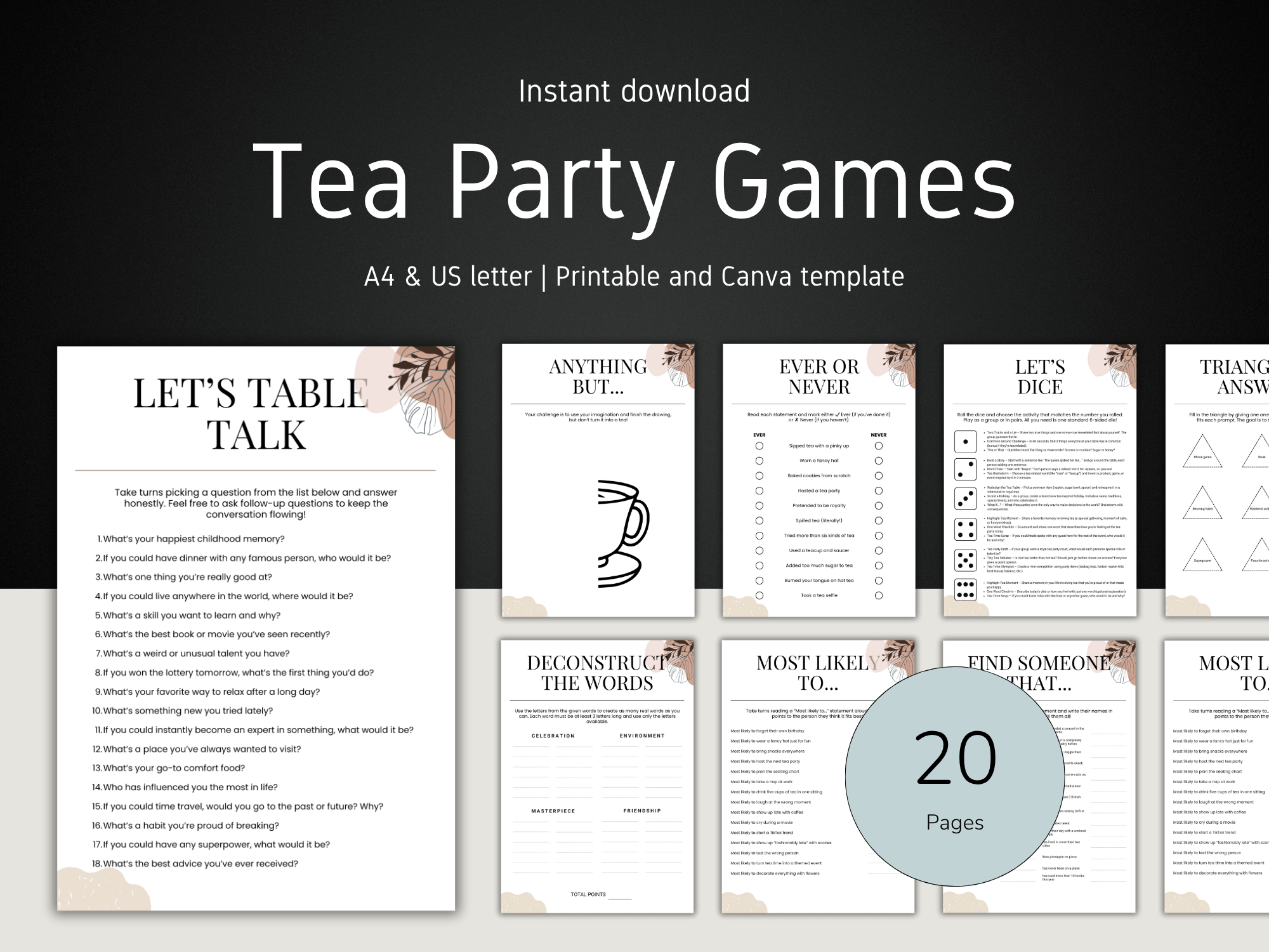 Tea Party Games package with printable templates on a dark background