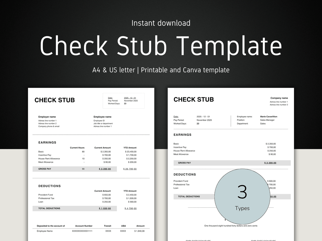 Check Stub Template with 'Instant download' text on a black background