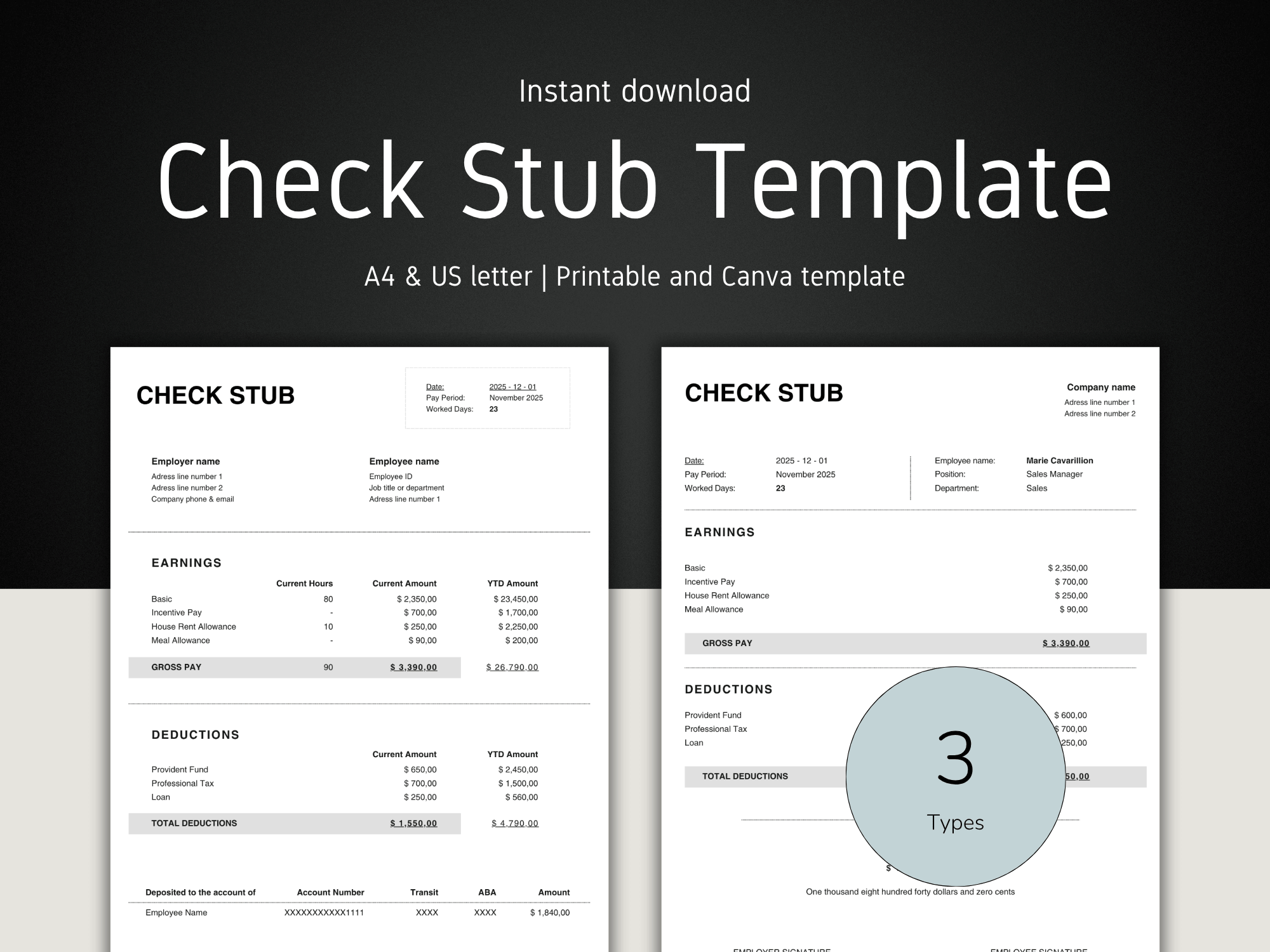 Check Stub Template with 'Instant download' text on a black background