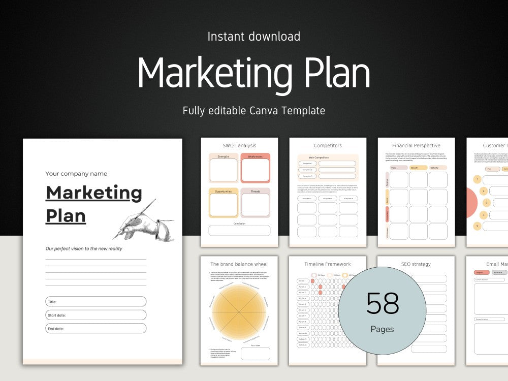 Marketing plan template with various sections on a white background