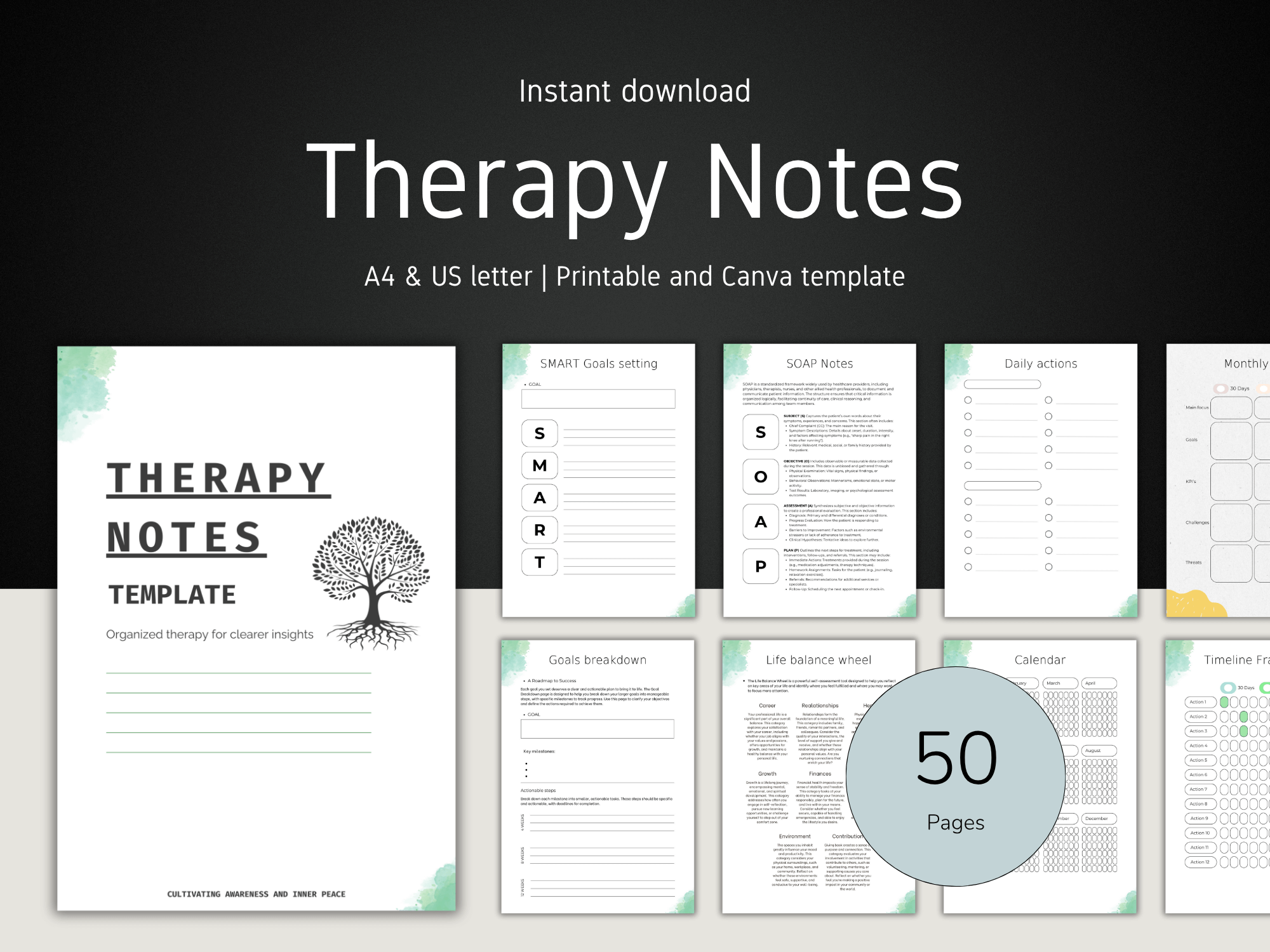 Therapy Notes Template with cover page and sample pages on a black background