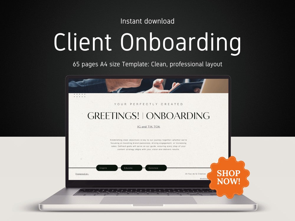 Laptop displaying a client onboarding template with a 'Shop Now!' button on a dark background