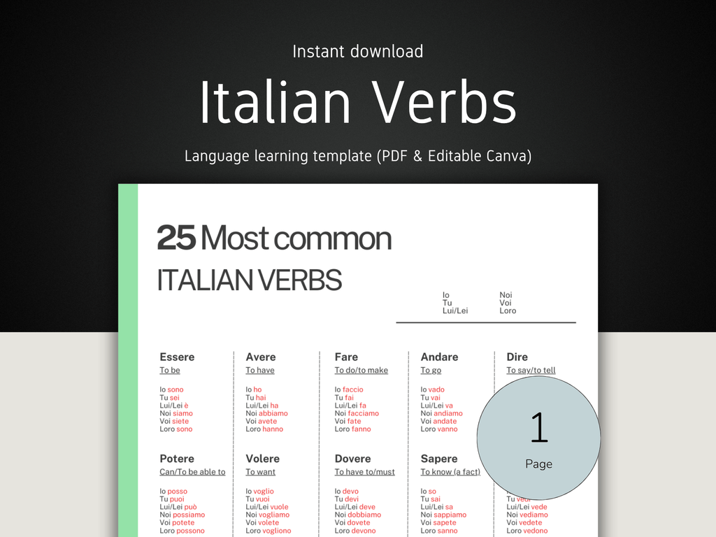Italian verbs learning template with a black and white background
