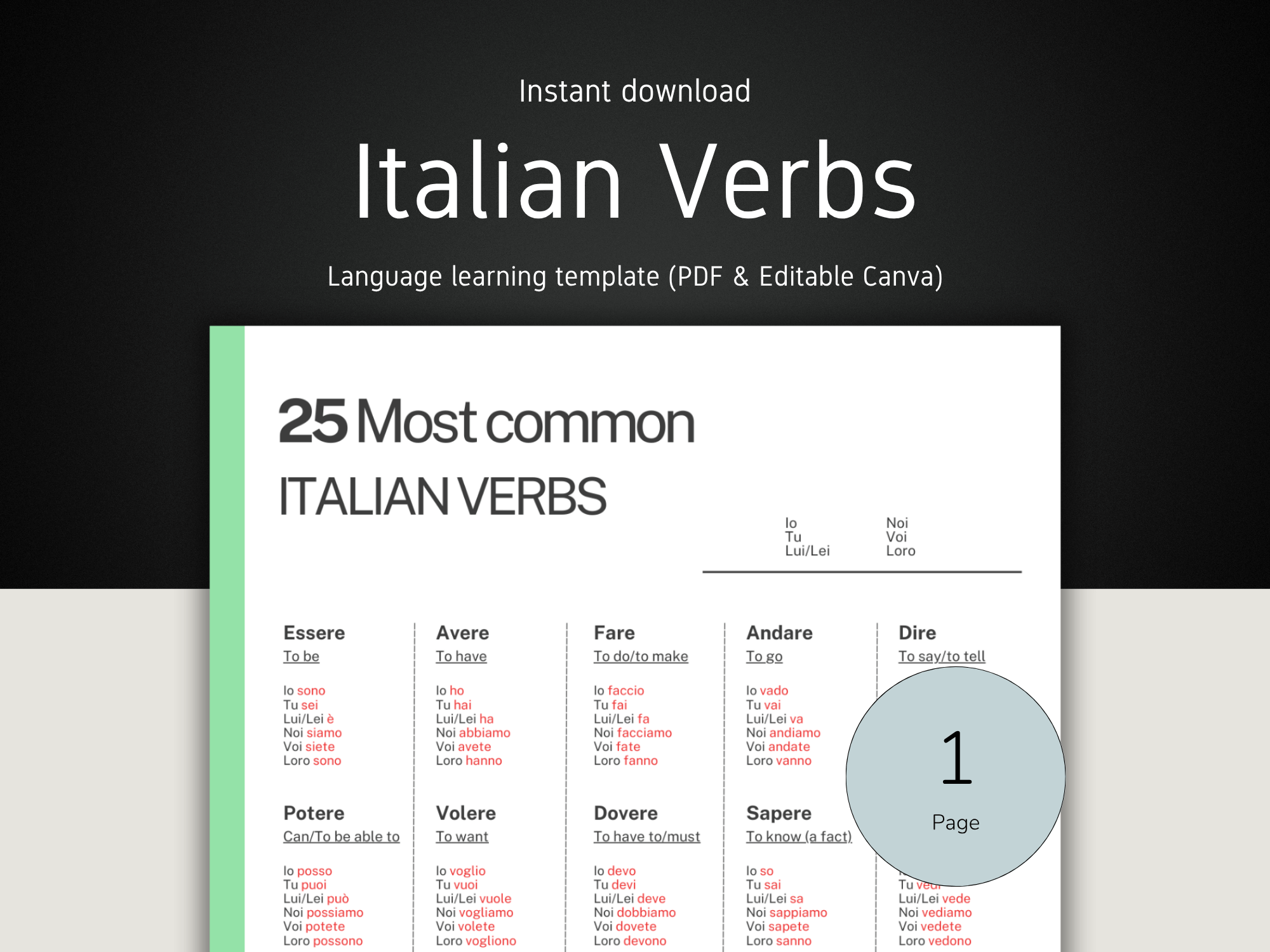 Italian verbs learning template with a black and white background
