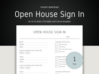 Open House Sign In sheet with form fields on a black and white background