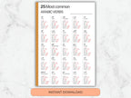 Sheet of paper with Arabic verbs on a marble background