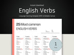 A high-contrast banner showcasing a language learning template titled "25 Most Common English Verbs" available as a PDF and editable Canva file